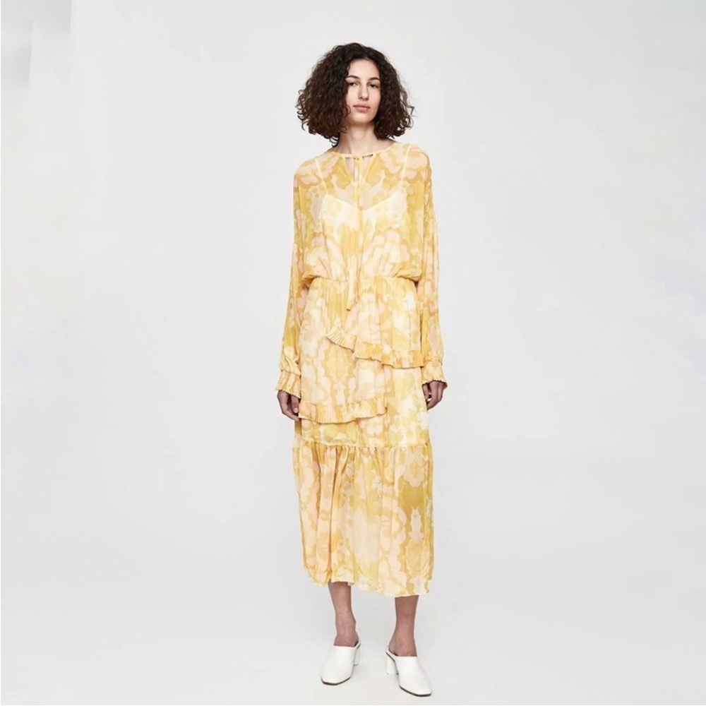 Need Cass Drop Shoulder Floral Print Ruffle Details Midi Dress In Yellow Small